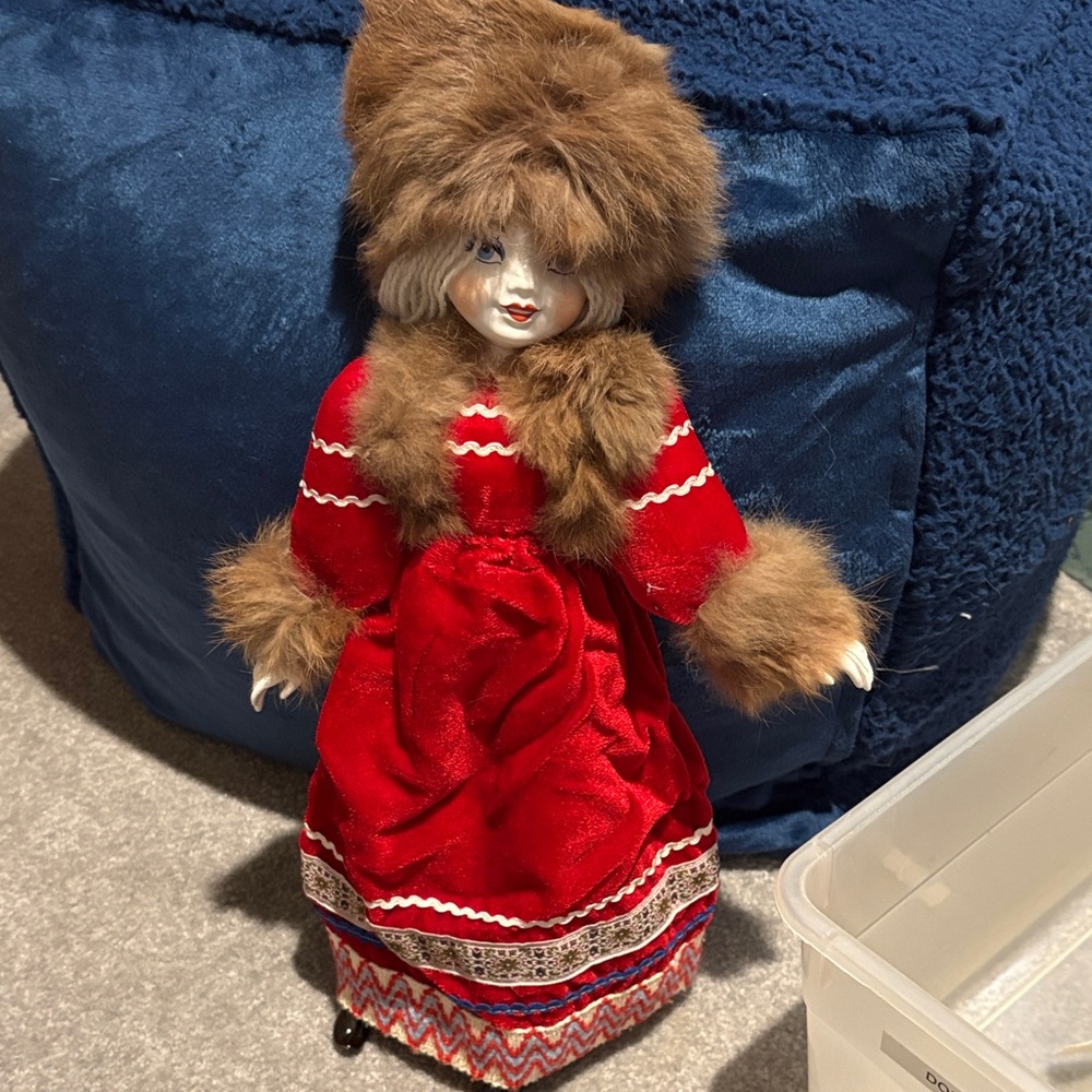 Red and Brown Russian porcelain Doll with Fur Accents